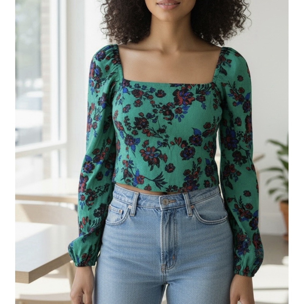 Free People Hilary Printed Top Green Combo Smocked Boho Blouse Size XS